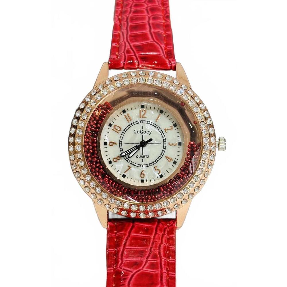 Go Goey Women's Red Faux Crocodile Leather Watch w Rhinestone Bezel Quarts Watch